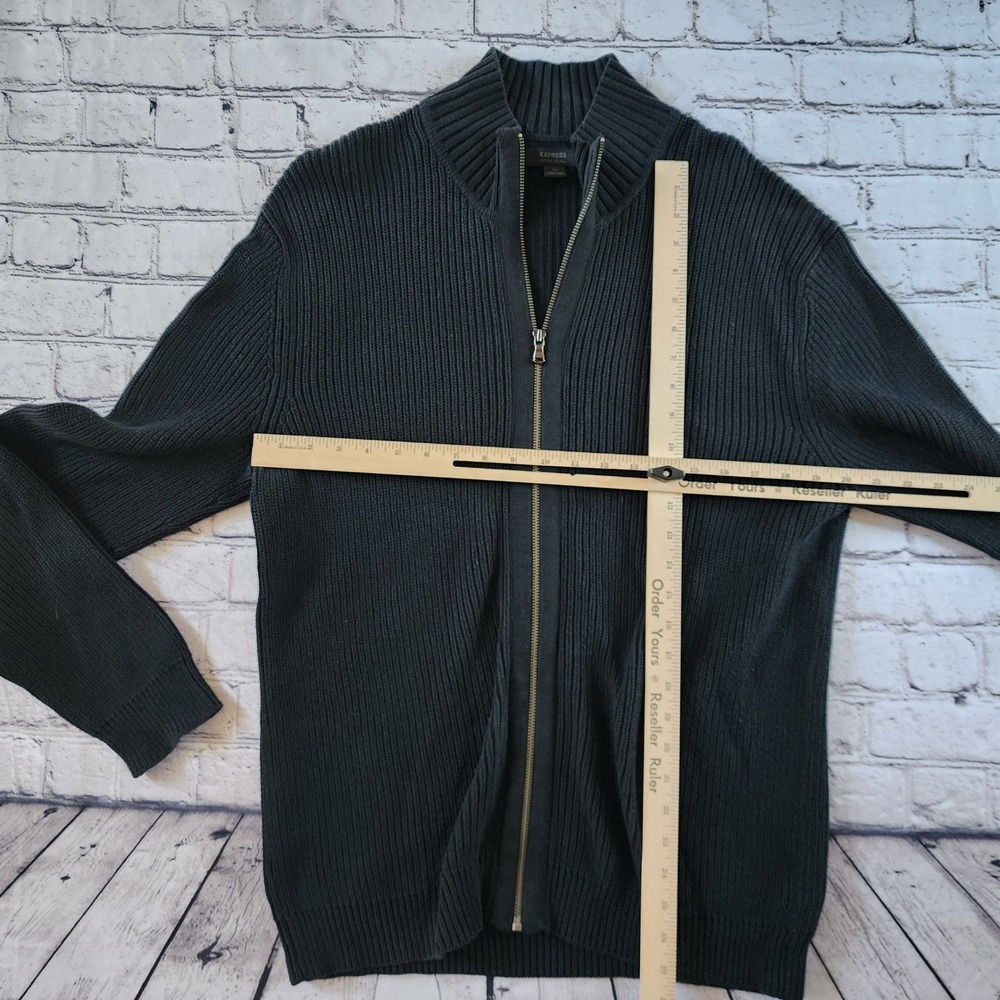 Express Mens XL Dark Grey 100% Cotton Ribbed Full Zip Y2K Cardigan Sweater - Picture 3 of 7